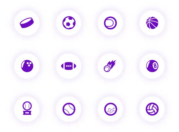 Vector illustration of sport balls purple color vector icons on light round buttons with purple shadow. sport balls icon set for web, mobile apps, ui design and print