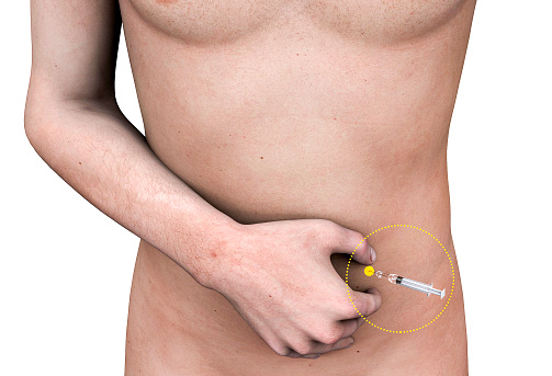 Subcutaneous injections of heparin on the belly. Bare-chested person and heparin syringe in the abdomen. Preventing blood clots. 3d rendering