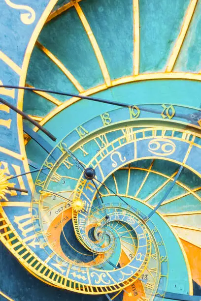 Droste effect background based on Prague astronimical clock. Abstract design for concepts related to astrology, fantasy, time and magic.