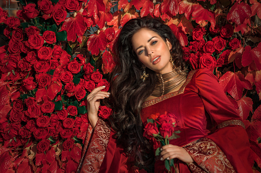 A beautiful brunette queen against a rose background