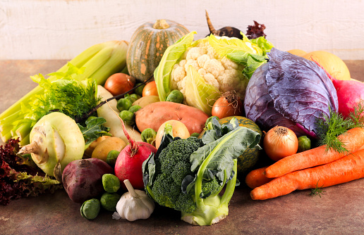 Fresh Vegetables, Chinese Cabbage, Cabbage, Purple Cabbage, Cauliflower, Carrot, Potato, Tomato, Broccoli, Pumpkin, Green  sweet pepper, Red sweet pepper, Yellow bell pepper, and bell pepper put together  on a white background