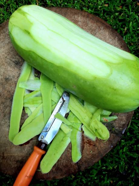 Peeling Opo Squash on cutting board - food preparation.