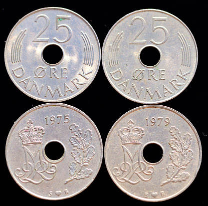 1975 & 1979 Danish 25 Ore coins obverse side - Crowned Margrethe II monogram on the left with oak branch on the right, Lettering: 'date' M 2R\nS ♥ B or B ♥ B and reverse sides featuring Value and lines representing the barley ears from the Frederik IX coin, Lettering: 25 ØRE DANMARK\nCopper Nickel alloy