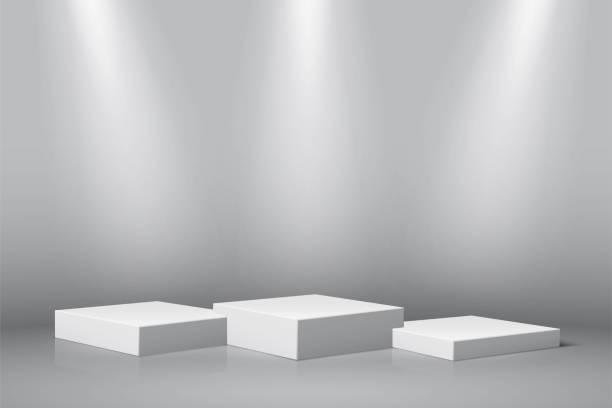 istock Podium white stage, cube pedestal for product and spotlights, 3d square empty stages 1350417858