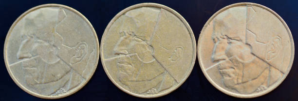 Three Belgian 5 Franc coins obverse side 1986, 1987 & 1988
