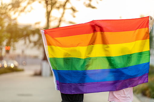 Portrait of happy non binary couple waving rainbow flag