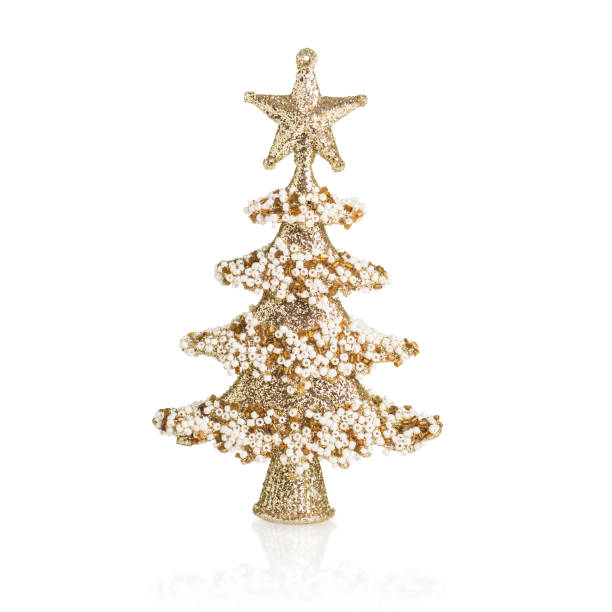istock Decorative handmade Christmas tree isolated on white background with reflection and soft shadow. Festive decoration in form of spruce tree with gold sequins and beads 1350421508