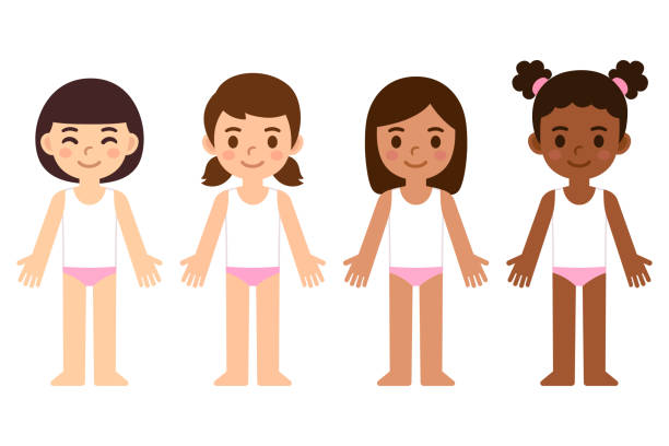 Cartoon girls diverse skin tones Cartoon girls in underwear, body anatomy template. Asian, Caucasian, Brown and Black skin. Isolated vector infographic illustration set. skin tone chart stock illustrations