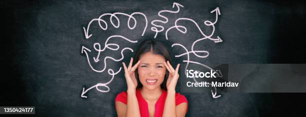 Confused Woman Confusion Illustrated On Blackboard With Chalk Drawing Of Arrows Going Everywhere Around Head Showing Indecision Indecisive Stressed Asian Girl With Headache Panoramic Banner Stock Photo - Download Image Now