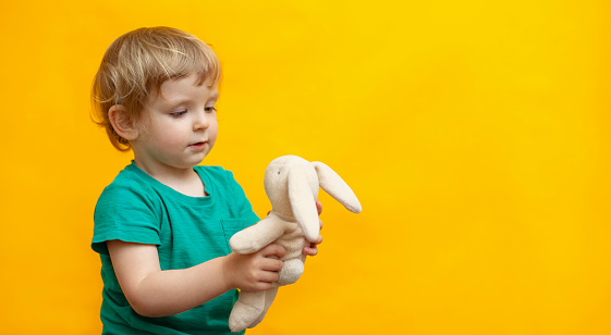 Cute little kid hugging a plush rabbit bunny toy on yellow background. Concept of childhood. Toy and child.