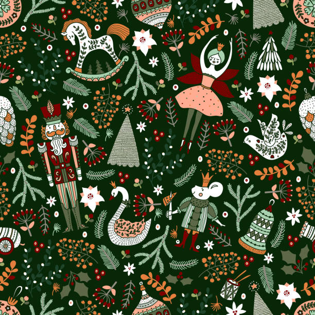 ilustrações, clipart, desenhos animados e ícones de padrão de quebra-nozes sem vetor de natal e florais de inverno. - nutcracker