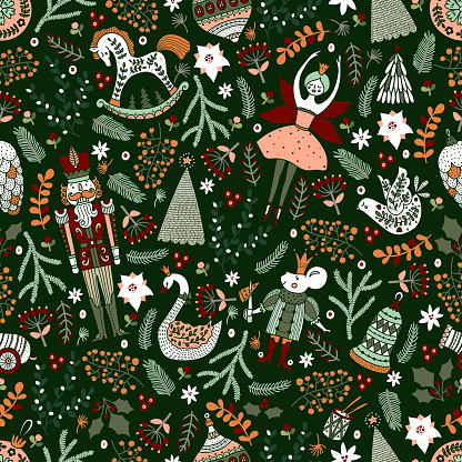 Christmas vector seamless Nutcracker pattern and winter florals.