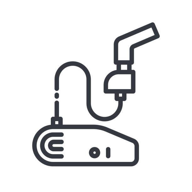 ilustrações, clipart, desenhos animados e ícones de ícone da linha de uma visão lateral da máscara facial respiratória. símbolo de nebulização isolado - nebulizer