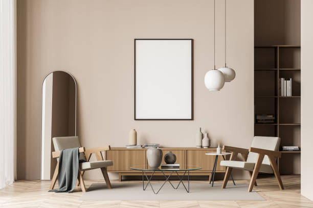 istock Beige seating area with two armchairs and mockup canvas 1350426230