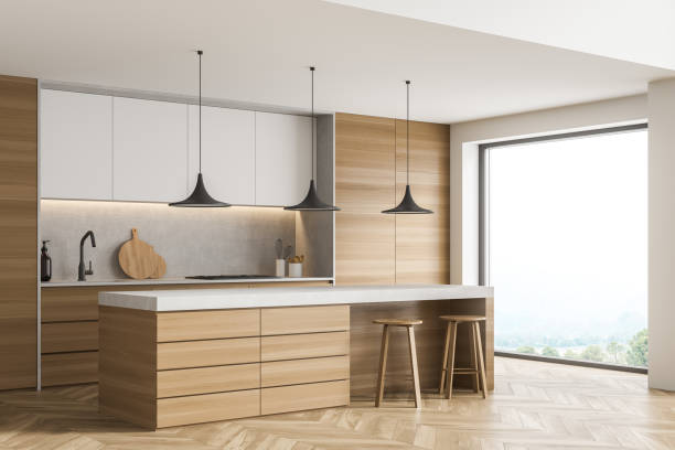 istock Corner of panoramic white kitchen with breakfast bar table 1350426988