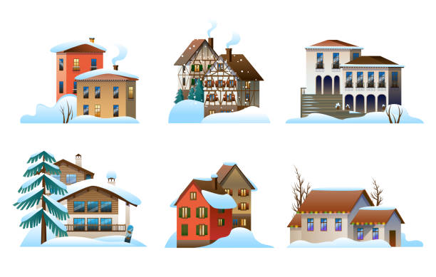 ilustrações, clipart, desenhos animados e ícones de um conjunto de imagens de casas de vila em diferentes estilos arquitetônicos. - european alps mountain house bavaria