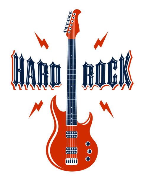 illustrations, cliparts, dessins animés et icônes de emblème hard rock avec logo vectoriel de guitare électrique, étiquette de festival de concert ou de boîte de nuit, illustration de thème musical, magasin de guitare ou impression de t-shirt, enseigne de groupe de rock avec une typographie élégante. - power ballad