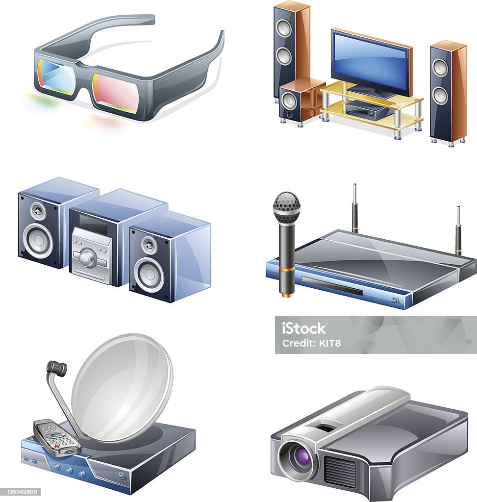 Дома мультимедиа: 3 d очки, развлечения, звуковой системы и микрофона, спутниковое, проектор. - Векторная графика DVD-плеер роялти-фри