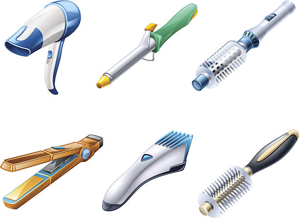 Beauty. Hair care appliances: dryer, curling iron, hairbrush, flattener, clipper. Hair care appliances isolated on white background. white background level hand tool white stock illustrations