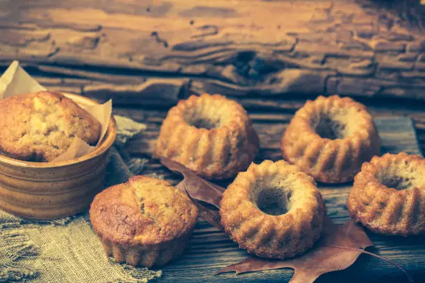 Homemade mini guglhupf, bundt cakes, muffins, on rustic wooden background
