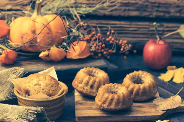 Homemade mini apple guglhupf, bundt cakes, muffins, on rustic background with autumn decoration