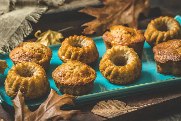 Homemade delicious mini bundt cakes, guglhupf, muffins on a blue plate on rustic wooden background with autumn decoration