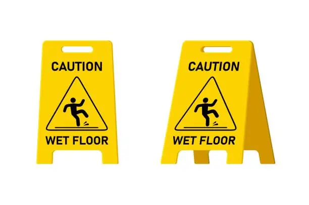 Vector illustration of Wet floor caution sign isolated on white background, Public warning yellow symbol clipart. Slippery surface beware plastic board design element. Falling human pictogram. Vector illustartion