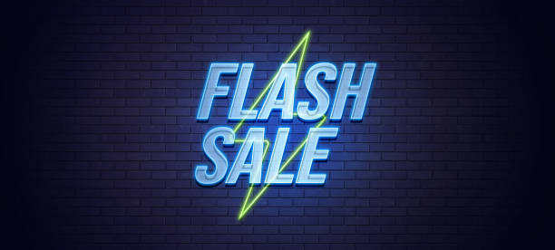 Flash Sale Neon Sign On Brick Wall Background stock photo