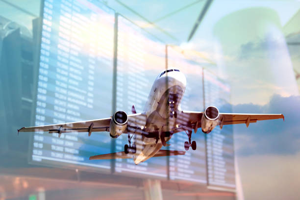 Plane and Flight information screens double Exposure Concepts stock photo