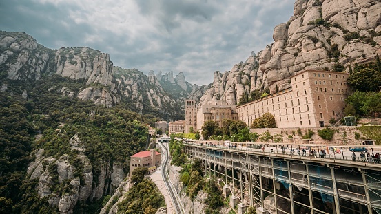 Set. Santa Maria De Montserrat. Benedictine Abbey In Mountain Of Montserrat, In Monistrol De Montserrat, In Catalonia, Spain. Summer Timelapse, Time-lapse. Rocky Range