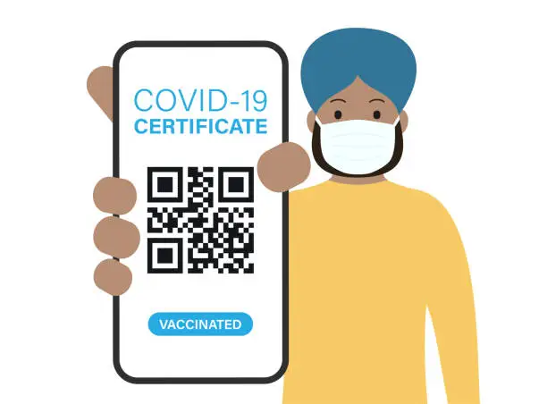 Vector illustration of Covid-19 Certificate QR Code Scan on Smartphone in Hand. Health Passport. Man in Medical Mask showing a smart phone. Cartoon vector stock illustration