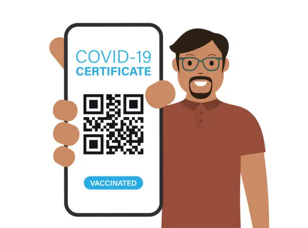 Vector illustration of Covid-19 Certificate QR Code Scan on Smartphone in Hand. Health Passport. Man showing a smart phone. Cartoon vector stock illustration