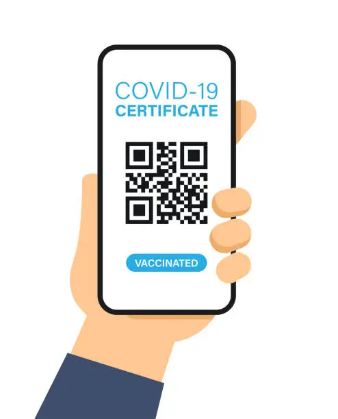 Vector illustration of Covid-19 Certificate QR Code Scan on Smartphone in Hand. Cartoon vector stock illustration