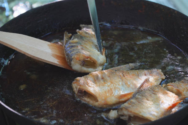 istock Small river fish is fried on a hike or fishing in camp pan 1350435259