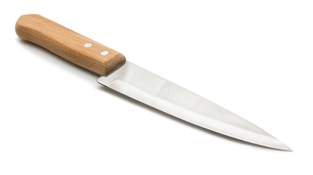 istock Everyday tool in kitchen. Sharp knife with wooden handle on white background 1350444514