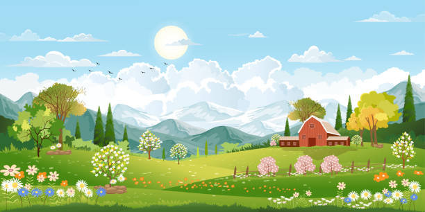 ilustrações, clipart, desenhos animados e ícones de paisagem panorama da aldeia da primavera com prado verde em colinas e céu azul, paisagem de verão vetorial ou primavera, campo panorâmico de campo verde com fazenda, celeiro e flores de grama - cloud horizon spring summer