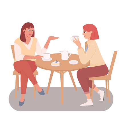 Two young females are sitting at table and talking in cafe. Meeting women in public place, having tea in restaurant, conversation, eating. Flat vector illustration