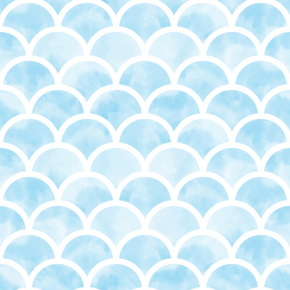 Blue water color mermaid scallop seamless pattern vector illustration isolated on white.
