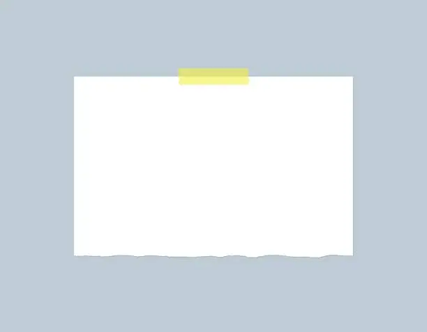 Vector illustration of Piece of torn paper with sticky tape. Vector template design. Blank paper sheet mockup. Vector sheet of white paper with adhesive tape.