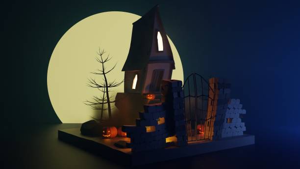 istock 3D rendering Halloween distorted spooky haunted house under moonlit background with decorative Jack O'Lantern pumpkins 1350451055