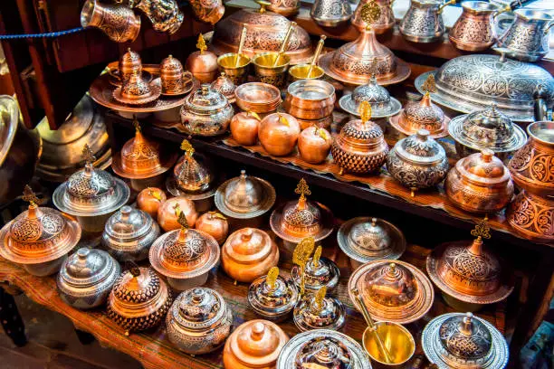 Coppersmith Bazaar of Gaziantep (Turkish: Bakircilar Carsisi). Handmade copper products and shopping center. Historical coppersmith shopping center.