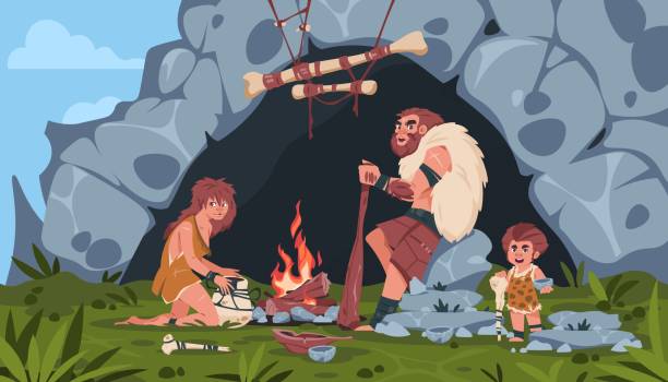 Ancient people scene. Cartoon background with prehistoric stone age family. Wooden hut and cave. Rock or bone tools and weapon. Paleolithic civilization persons. Vector parents and kid Ancient people scene. Cartoon background with prehistoric stone age family. Wooden hut and cave. Rock or bone tools and weapon. Cute paleolithic civilization persons. Vector barbarian parents and kid paleo stock illustrations
