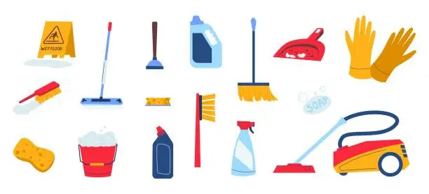 Vector illustration of Cleaning supplies. Doodle household tools and chemistry. Bucket and gloves. Vacuum cleaner. Mop or broom with dustpan. Bright sponge. Vector cleanup set for housework in trendy style