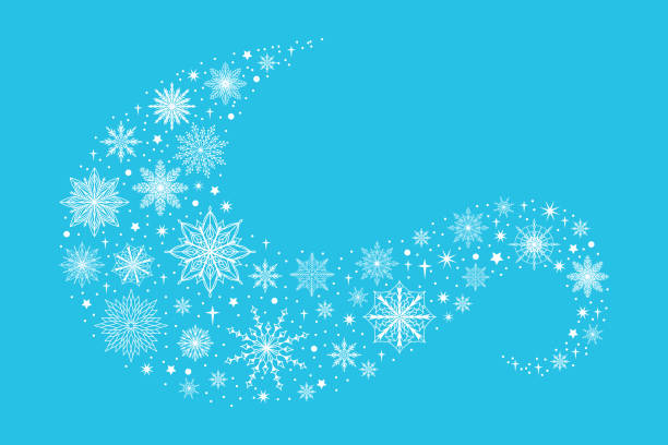 ilustrações de stock, clip art, desenhos animados e ícones de snowflake wind. cartoon winter star element. frozen snowfall wave. blizzard swirl. christmas and new year curve decoration. falling snowy festive glitter. vector snowstorm curl banner - wind wave abstract star