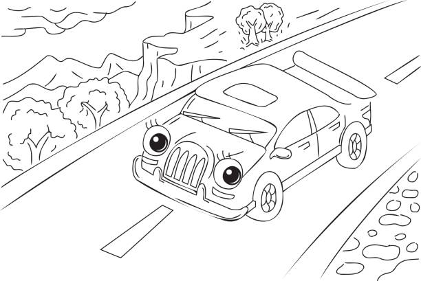 귀여운 자동차, 만화 캐릭터 일러스트 - car sedan vector illustration and painting stock illustrations