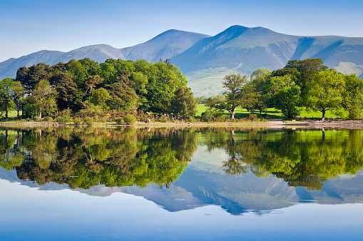 Summer woodland reflected in a perfectly still Derwent Water with dramatic Latrigg mountain backdrop in the beautiful English Lake District. ProPhoto profile for precise color reproduction.