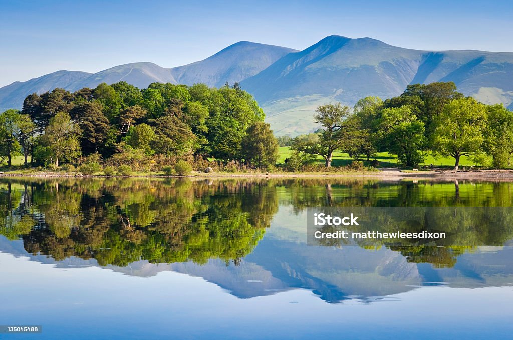 Nature reflected, English Lake District Summer woodland reflected in a perfectly still Derwent Water with dramatic Latrigg mountain backdrop in the beautiful English Lake District. ProPhoto profile for precise color reproduction. English Lake District Stock Photo