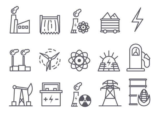 zestaw ikon uzyskiwanie energii - diesel factory water sun stock illustrations