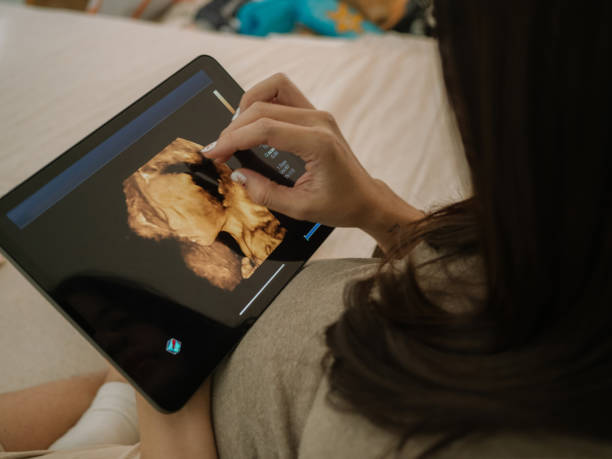istock Young pregnant watching ultrasound image on digital tablet. 1350456254