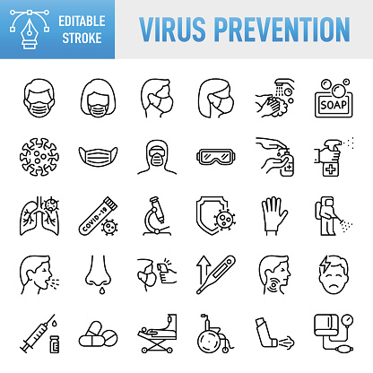 Thin line vector icon set. 30 linear icon. Pixel perfect. Editable stroke. For Mobile and Web. The set contains icons: Idea generation preparation inspiration influence originality, concentration challenge launch. Contains such icons as Coronavirus, COVID-19, Protective Face Mask, Healthcare And Medicine, Symptom, Illness, Pandemic - Illness, Medical Exam, Virus, Prevention, Protection, Cold And Flu